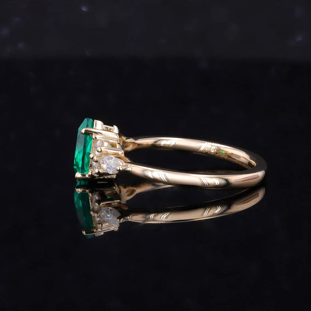 3x5mm, 0.80ct Pear Lab-Grown Colombian Emerald with Diamond Accent Ring in 14K Yellow Gold