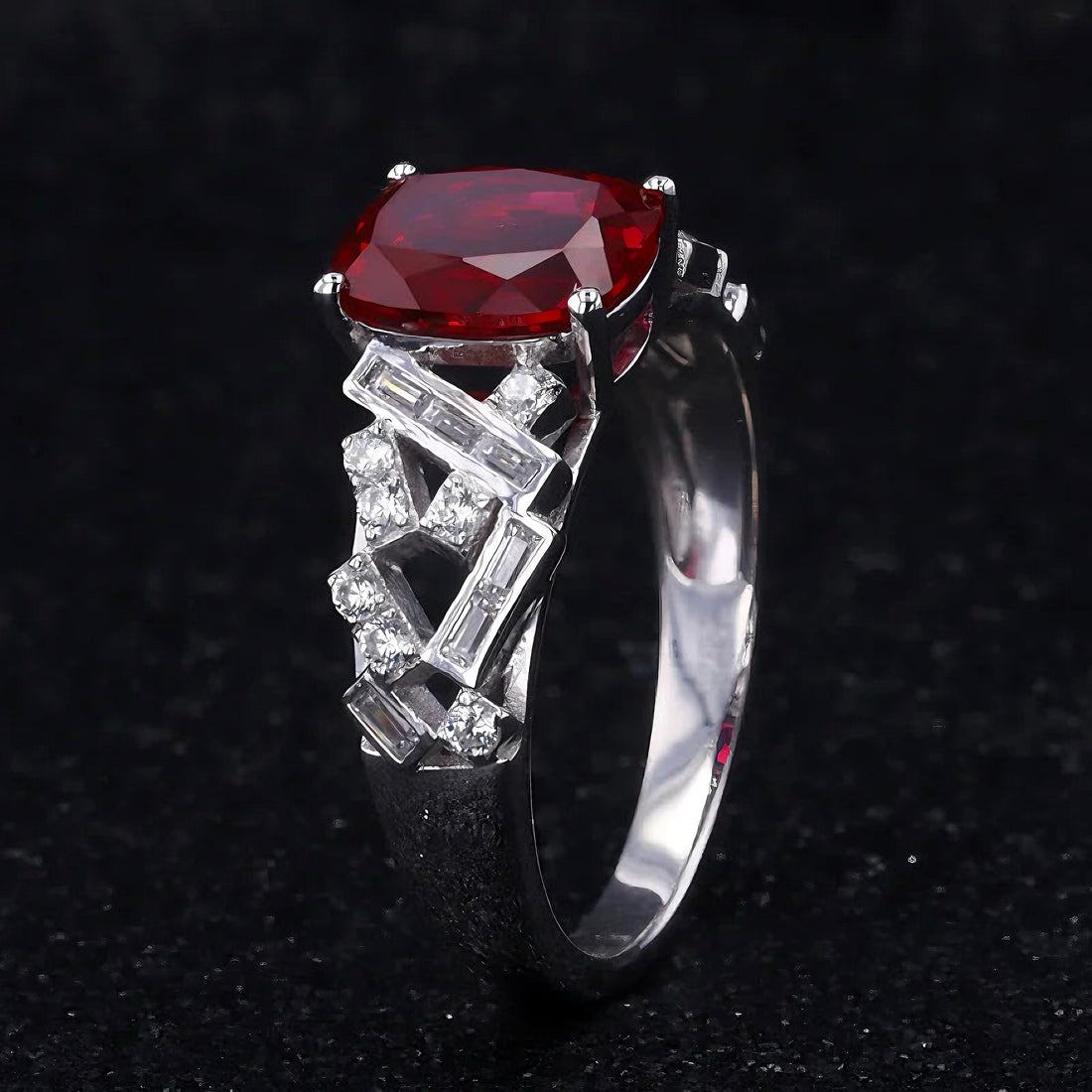 Cushion lab ruby ring with baguette and round diamond band, view 3