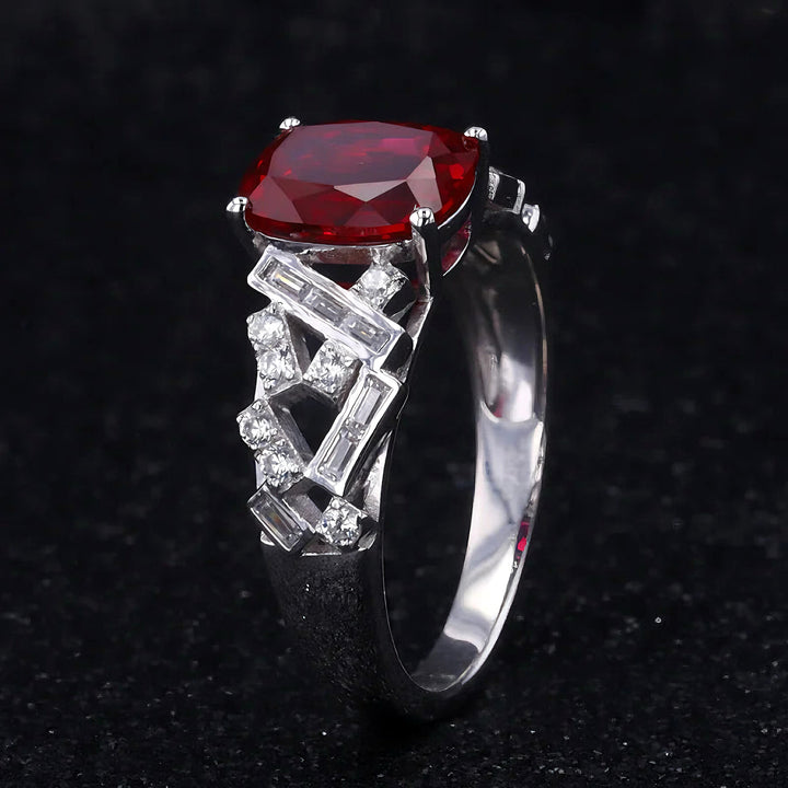 7x9mm, 2.75ct Cushion Lab-Grown Ruby Ring with Diamond Accent Band in 14K White Gold