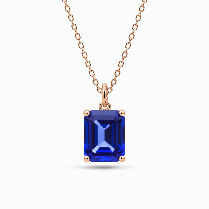 7x9mm, 3.00ct Emerald Lab-Grown Blue Sapphire Pendant Necklace in 14K White Gold