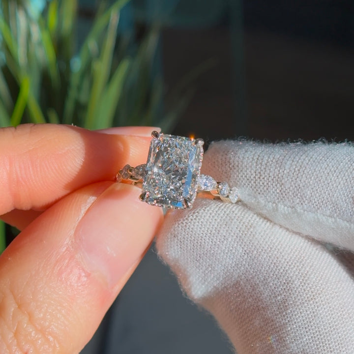 Customized™ 4.00ct Radiant Lab-Grown Diamond Ring with Hidden Halo and Diamond Band in Yellow Gold and Platinum