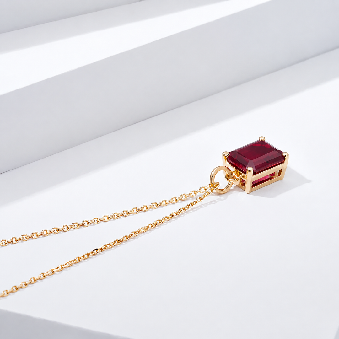 7x9mm, 3ct Emerald Cut Red Ruby Pendant Necklace
