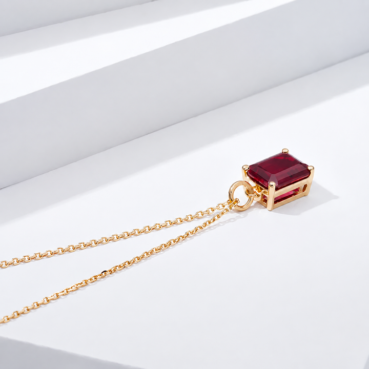 7x9mm, 3ct Emerald Cut Red Ruby Pendant Necklace