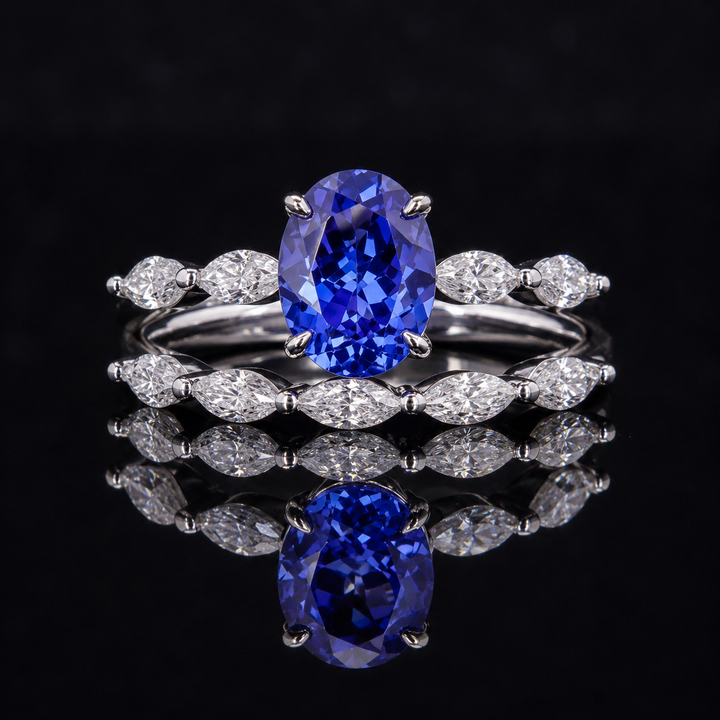 The Maeve Set — Blue Oval Sapphire 5-Stone Ring with Marquise Stacking Band