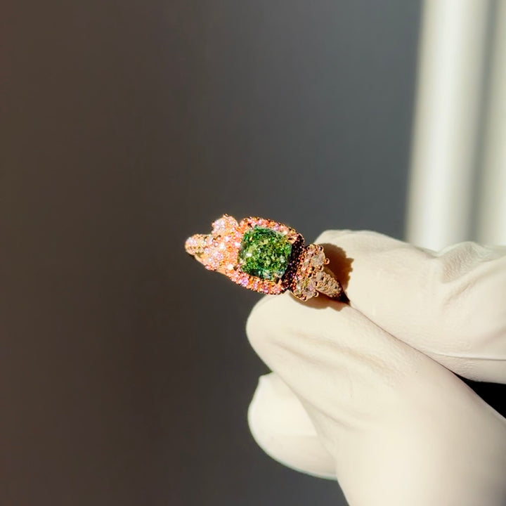 Customized™ 1.20ct Cushion Cut Green Lab-Grown Diamond with Pink Diamond Halo, White Diamond Band Ring in 14K Rose Gold