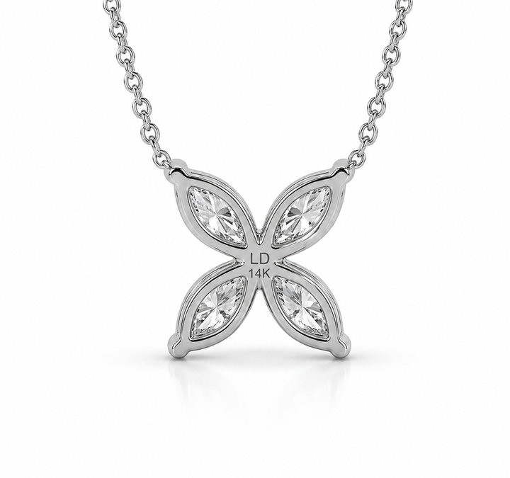 12mm, 0.9ct Marquise Cut Lab Diamond 4-Petal Flower Pendant Necklace in 14K Solid White Gold