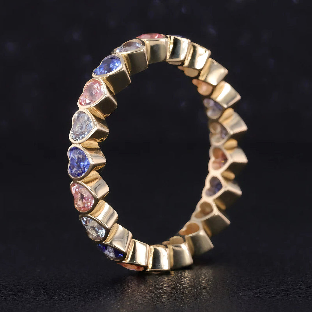 3.3mm, 3.50ctw Heart Cut Blue/Pink Sapphire/Alexandrite Eternity Ring in 14K Yellow Gold