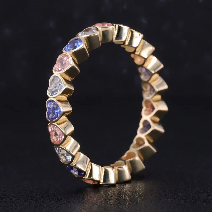 3.3mm, 3.50ctw Heart Cut Blue/Pink Sapphire/Alexandrite Eternity Ring in 14K Yellow Gold