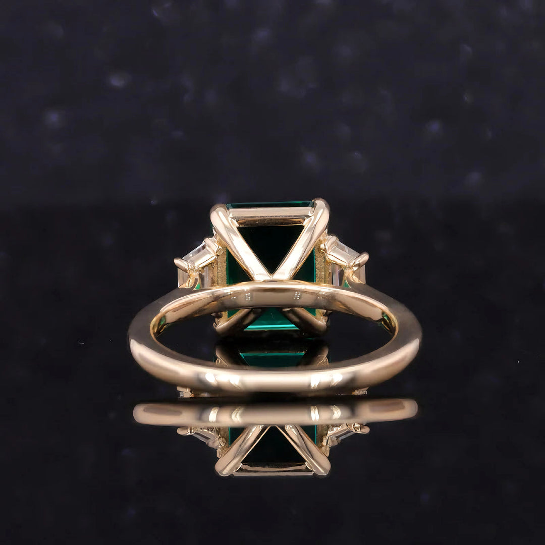 8x10mm, 3.00ct Lab-Grown Zambian Emerald with Diamond Three-Stone Ring in 14K Yellow Gold