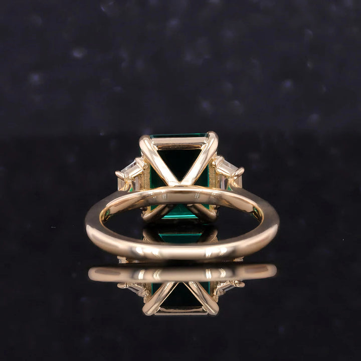 8x10mm, 3.00ct Lab-Grown Zambian Emerald with Diamond Three-Stone Ring in 14K Yellow Gold