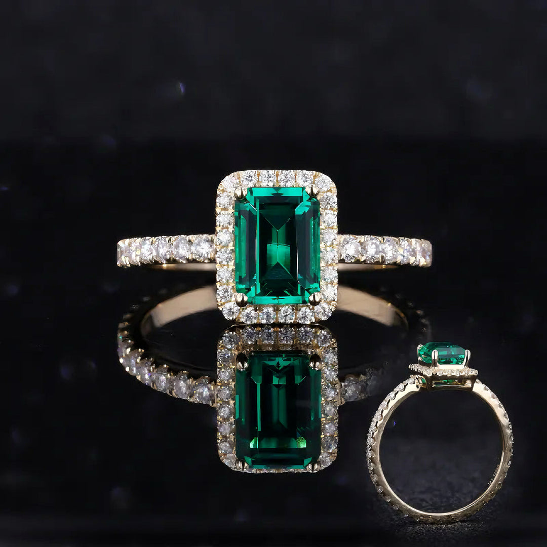 1.00ct Emerald-Cut Zambian Emerald Diamond Halo Eternity Ring in 14K Yellow Gold
