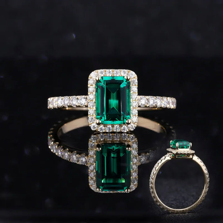 1.00ct Emerald-Cut Zambian Emerald Diamond Halo Eternity Ring in 14K Yellow Gold
