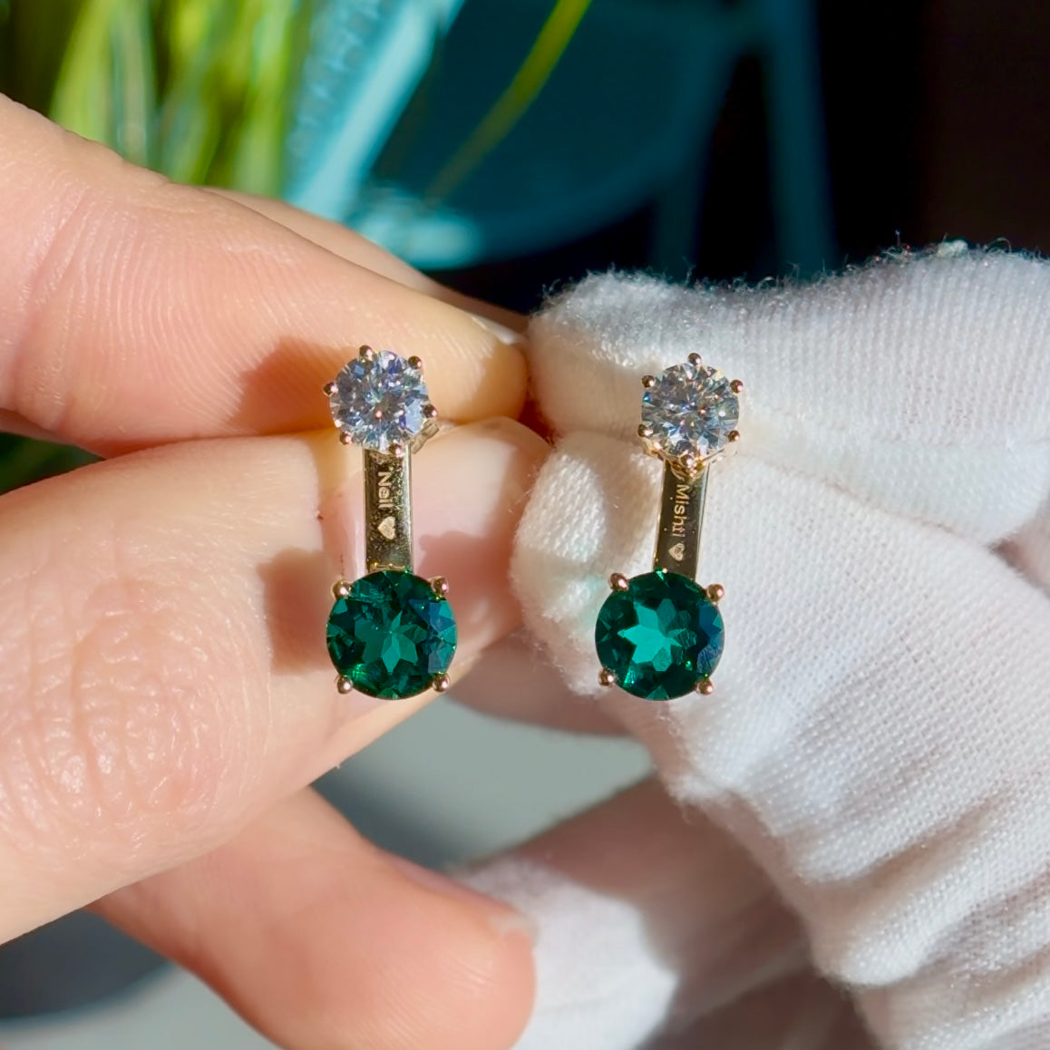 Customized™ 1.20ct Round Lab-Grown Zambian Emerald with 0.50ct Round Moissanite "Stone-on-Stone" Earrings in 14K Solid Yellow Gold