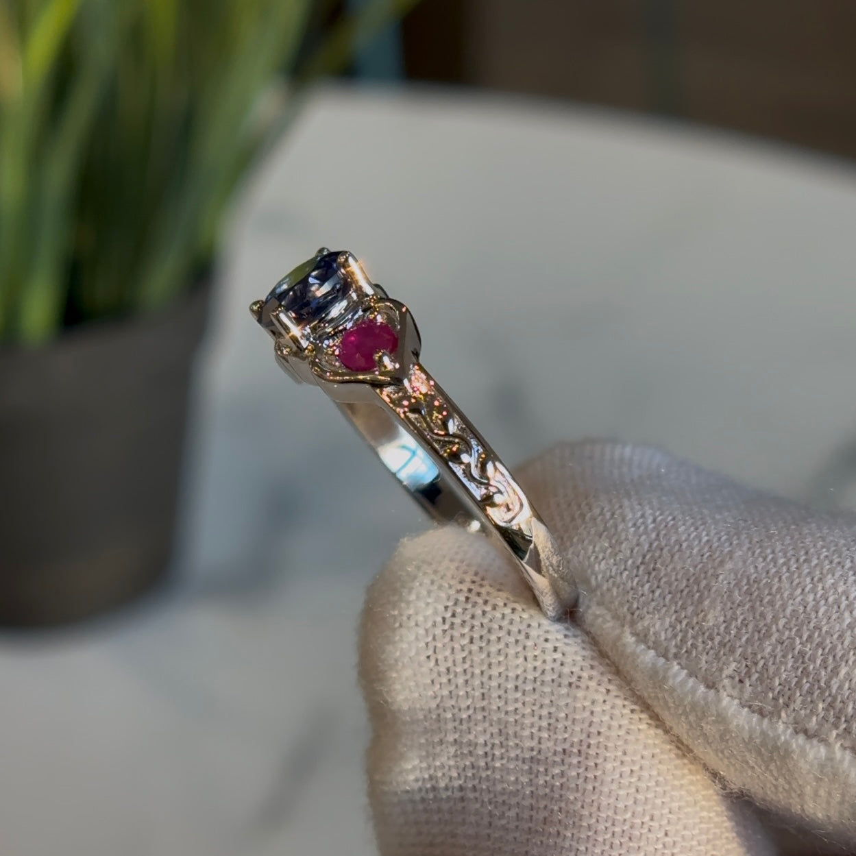 Customized™ 1.00ct Round Natural Sapphire with Natural Rubies Three-Stone Ring in 925 Sterling Silver