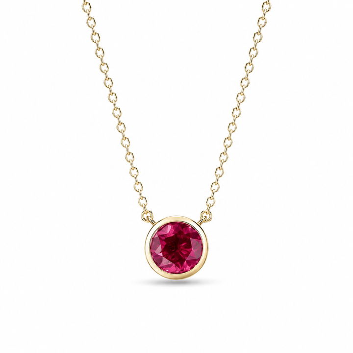 Round Cut Bezel Set 6.5mm Ruby Pendant Necklace in 10K Solid Yellow Gold