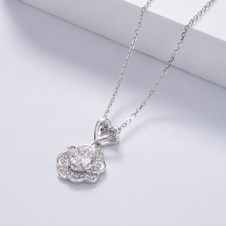 10mm, 0.5ct Round Cut Lab Diamond Rose Pendant Necklace in 18K Solid White Gold
