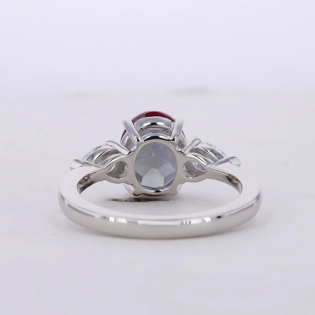 8*10mm Oval Cut Alexandrite with Pear Cut Diamond Three Stone Ring in Solid Platinum 950