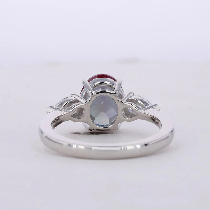 8*10mm Oval Cut Alexandrite with Pear Cut Diamond Three Stone Ring in Solid Platinum 950