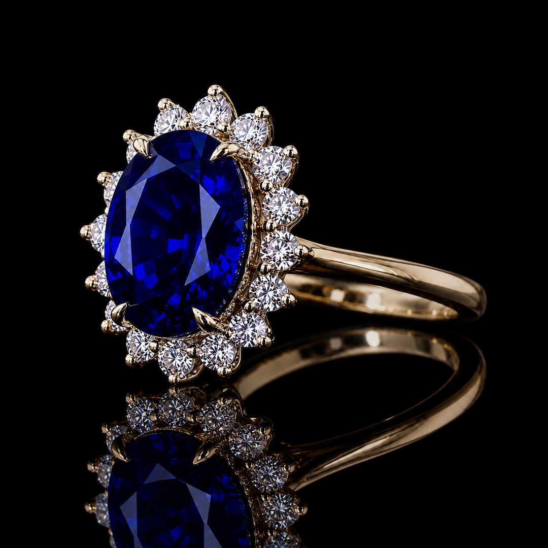 The Diana Royale — Royal Blue Sapphire Diamond Halo Ring