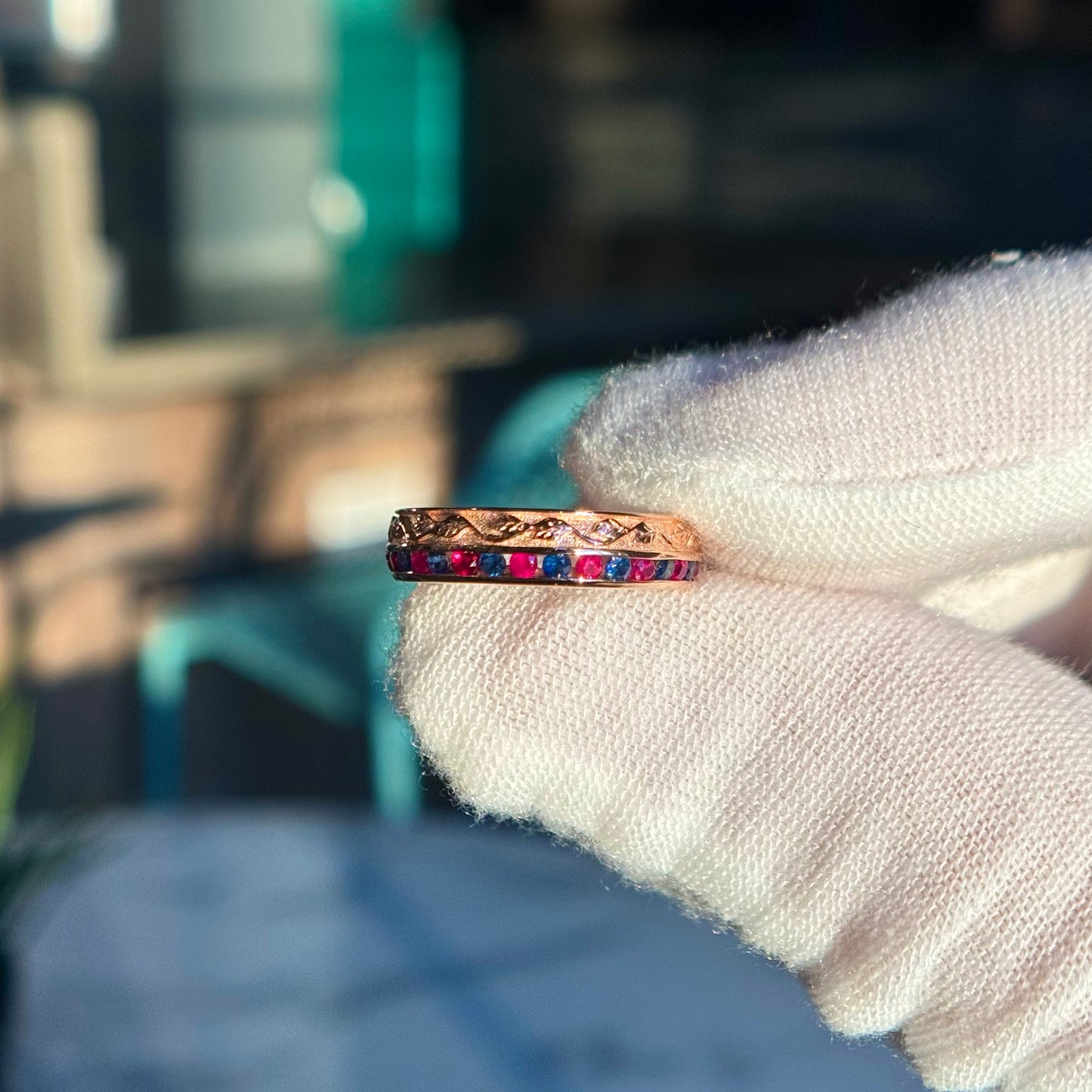 Customized™ Natural Ruby and Sapphire 4mm Band with Leaf Pattern in 10K Solid Rose Gold