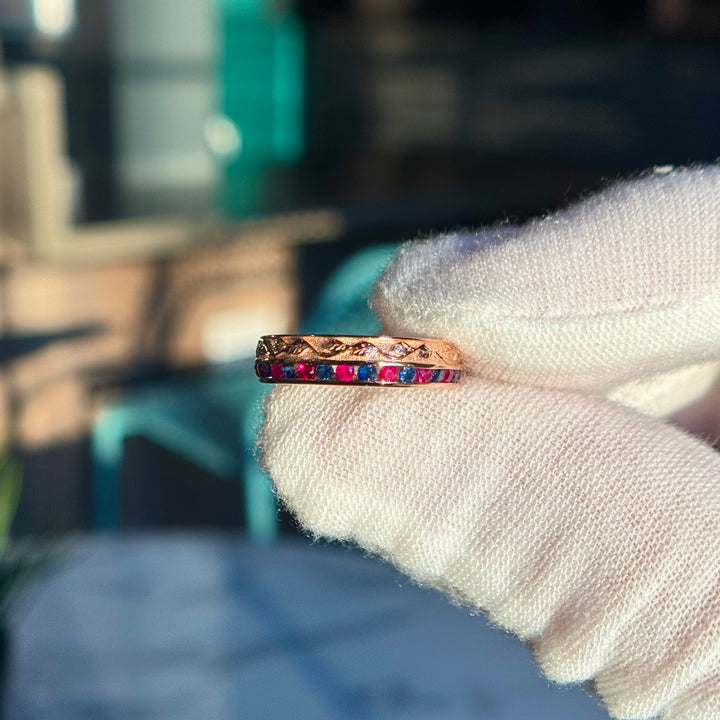 Customized™ Natural Ruby and Sapphire 4mm Band with Leaf Pattern in Rose Gold
