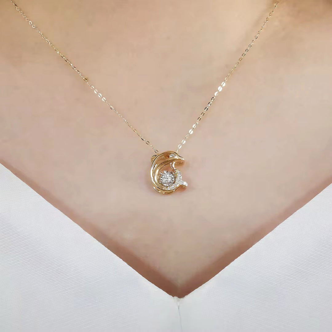 Dolphin Pendant Necklace with Dancing Diamond in 18K Solid Yellow Gold