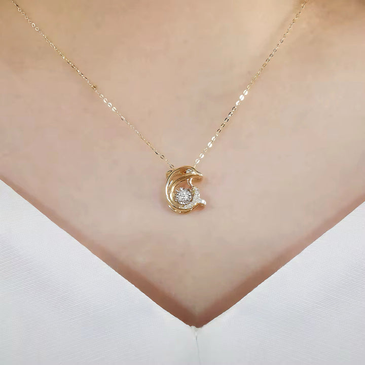 Dolphin Pendant Necklace with Dancing Diamond in 18K Solid Yellow Gold
