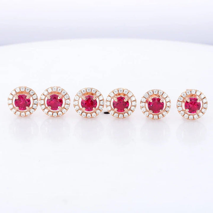 4.5mm, 0.50ct Each Round Lab-Grown Red Ruby with Diamond Halo Earrings in 14K Rose Gold