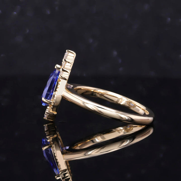 The Teardrop — Blue Pear Sapphire with Diamond Halo Ring