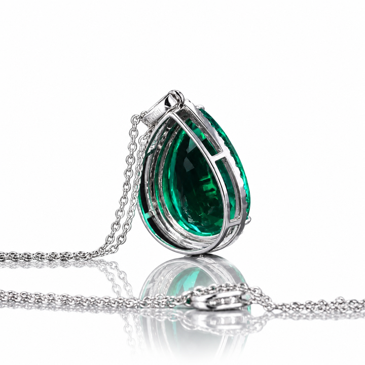 13x18mm, 9.5ct Pear Lab-Grown Colombian Emerald with Diamond Halo Pendant/Necklace