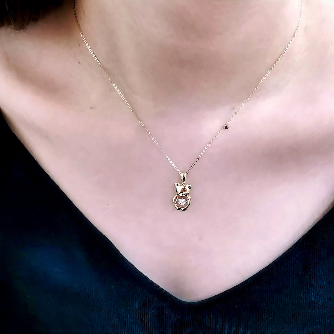 Bear Pendant Necklace with Dancing Diamond in 18K Solid Yellow Gold