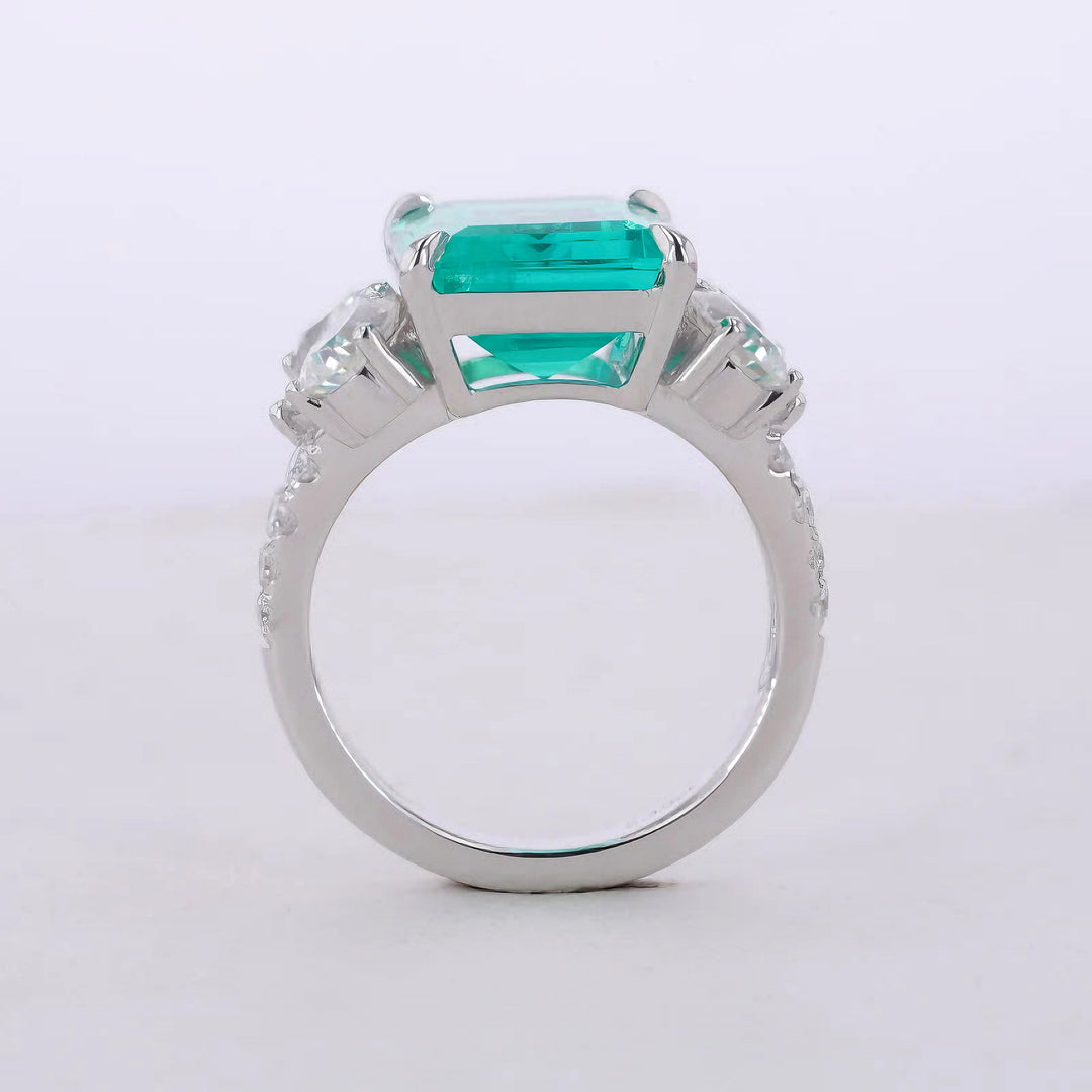 10x14mm, 7.30ct Lab-Grown Colombian Emerald with Pear/Round Cut Accent Diamond Ring in 14K White Gold