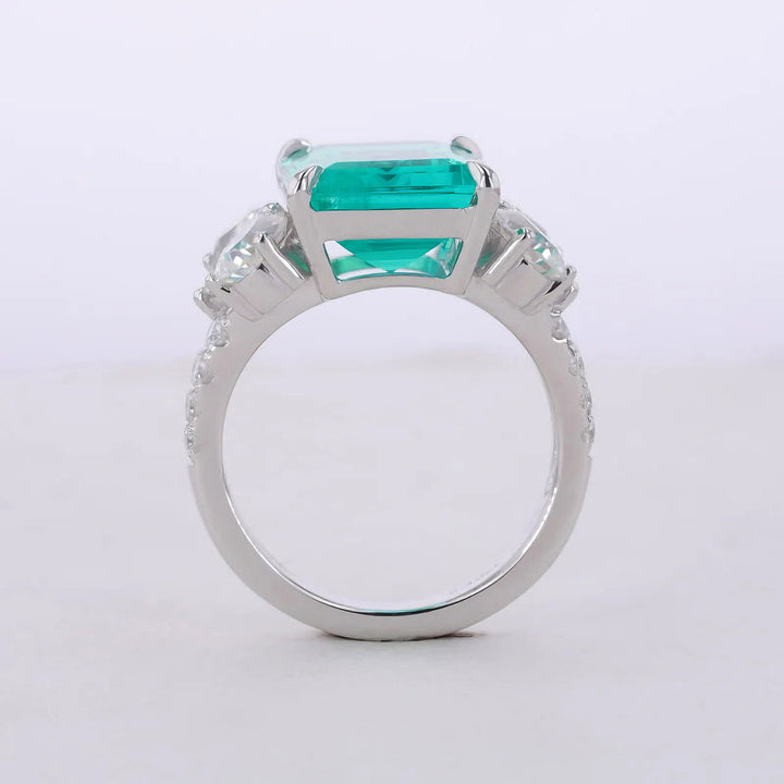 10x14mm, 7.30ct Lab-Grown Colombian Emerald with Pear/Round Cut Accent Diamond Ring in 14K White Gold