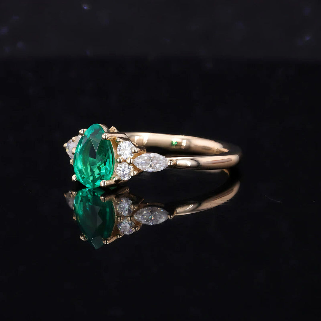 3x5mm, 0.80ct Pear Lab-Grown Colombian Emerald with Diamond Accent Ring in 14K Yellow Gold