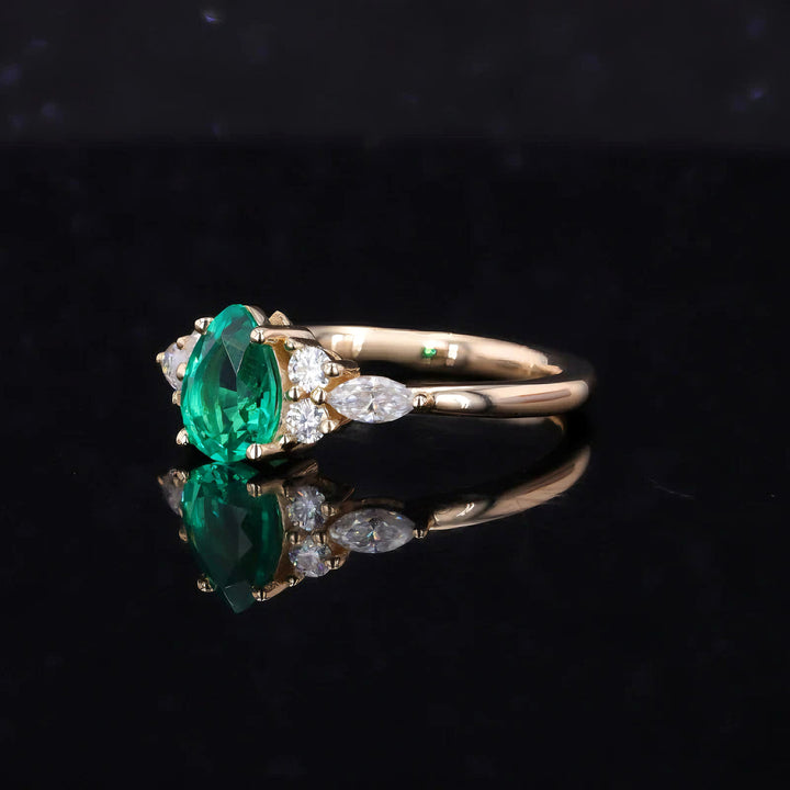 3x5mm, 0.80ct Pear Lab-Grown Colombian Emerald with Diamond Accent Ring in 14K Yellow Gold