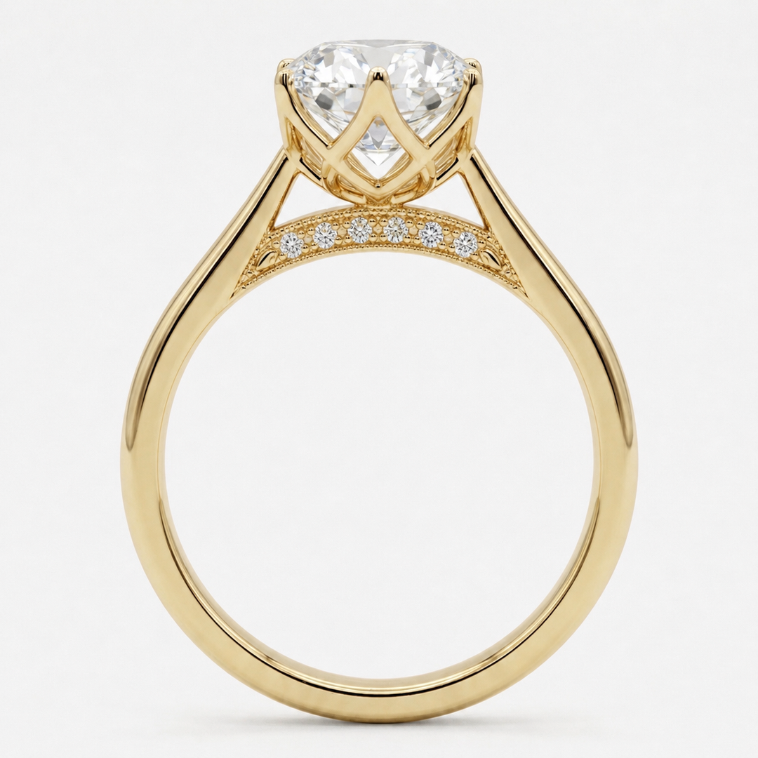 Oval Diamond Solitaire Ring with Floral Prongs, "The Lotus Lace"