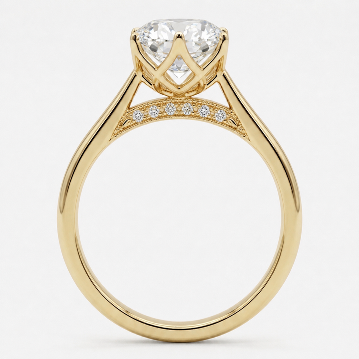Oval Diamond Solitaire Ring with Floral Prongs, "The Lotus Lace"