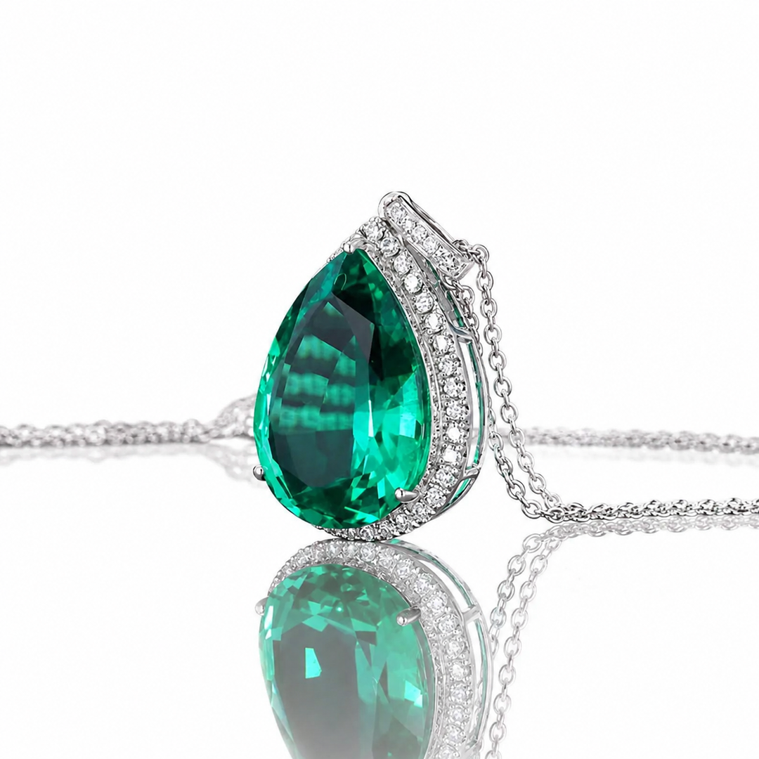 13x18mm, 9.5ct Pear Lab-Grown Colombian Emerald with Diamond Halo Pendant/Necklace