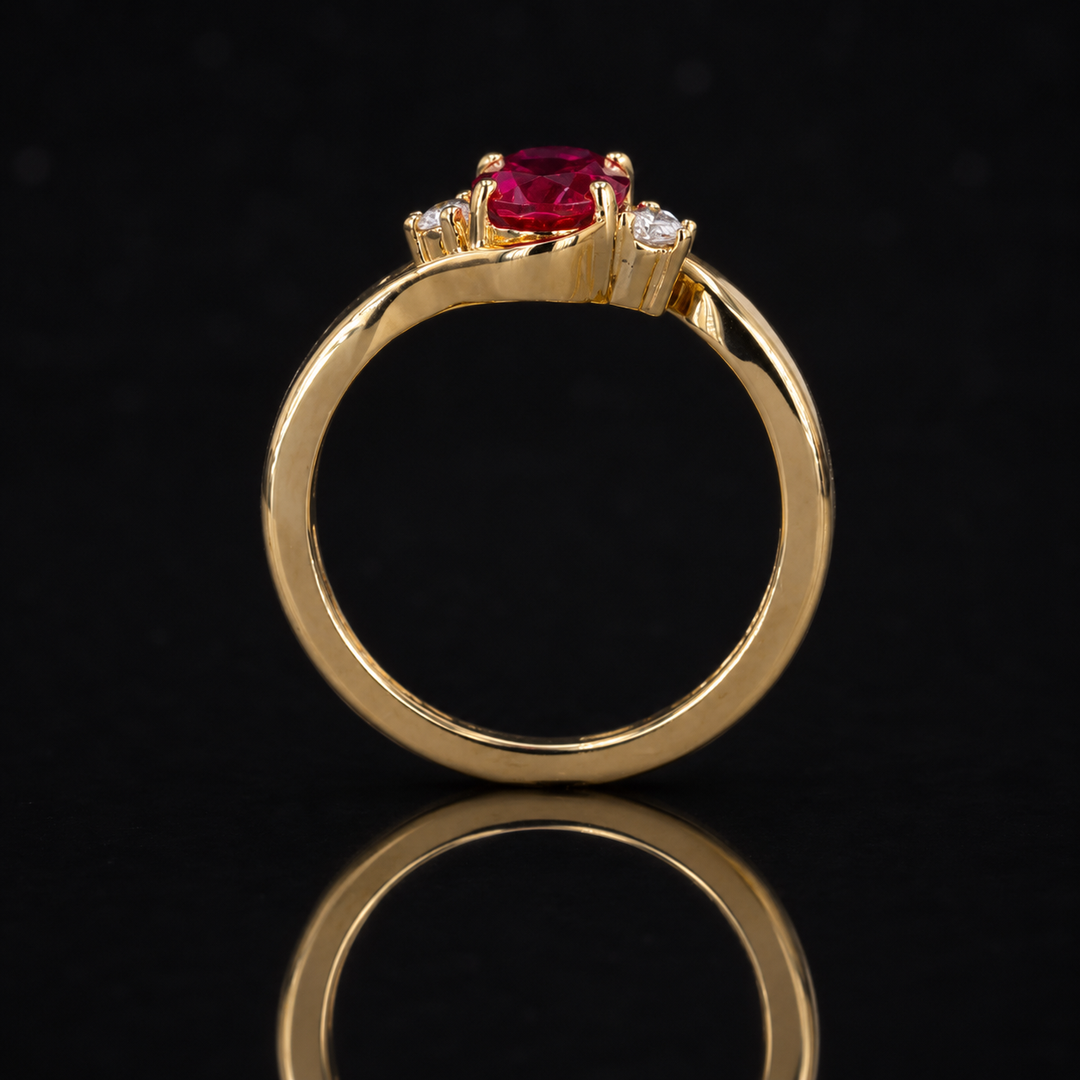 5*7mm Oval Cut Red Ruby with Diamond Twisted Band Ring in 10K Solid Yellow Gold