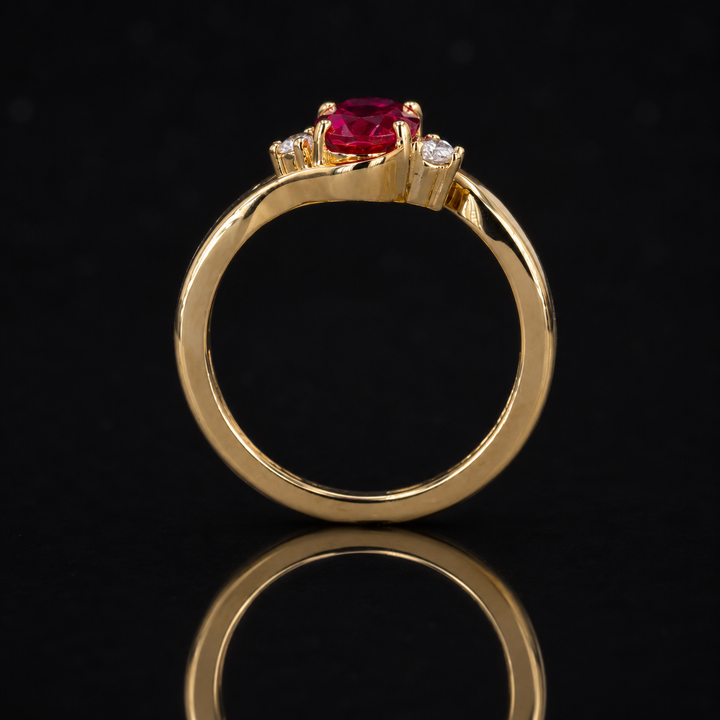 5*7mm Oval Cut Red Ruby with Diamond Twisted Band Ring in 10K Solid Yellow Gold