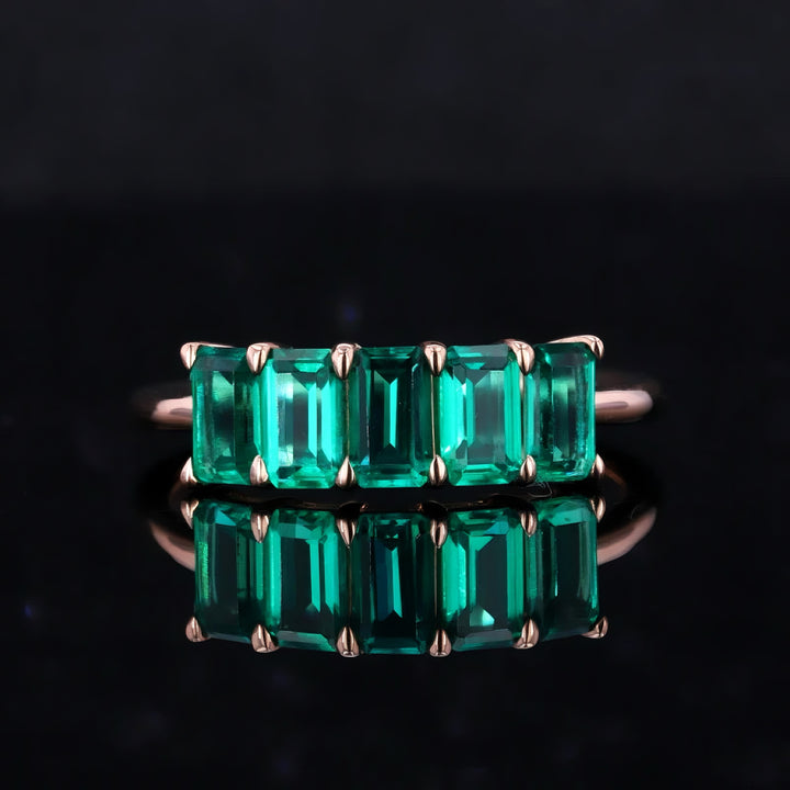 3x5mm, 1.20ctw Lab-Grown Zambian Emerald Five-Stone Ring in 14K Rose Gold