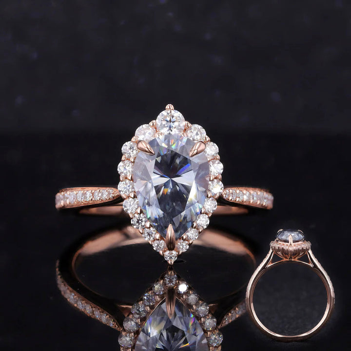 2.00ct Pear Cut Grey Moissanite with Diamond Halo/Half-Eternity Ring in 14K Rose Gold