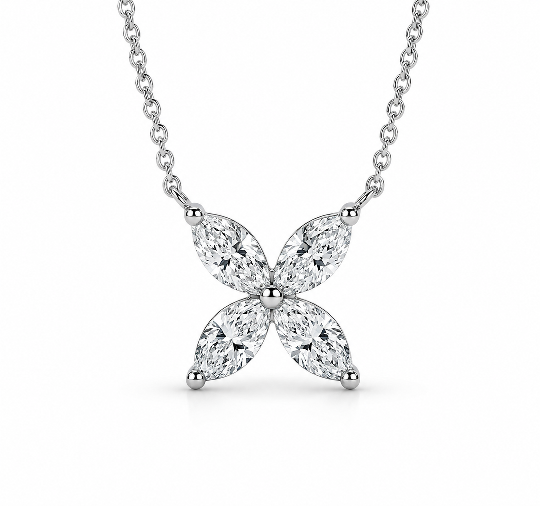 12mm, 0.9ct Marquise Cut Lab Diamond 4-Petal Flower Pendant Necklace in 14K Solid White Gold