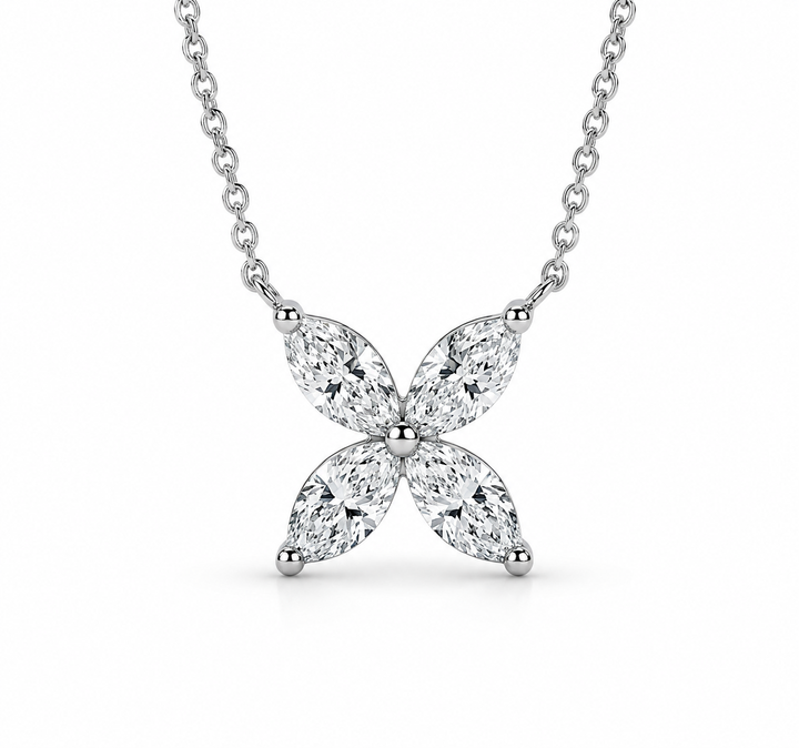 12mm, 0.9ct Marquise Cut Lab Diamond 4-Petal Flower Pendant Necklace in 14K Solid White Gold