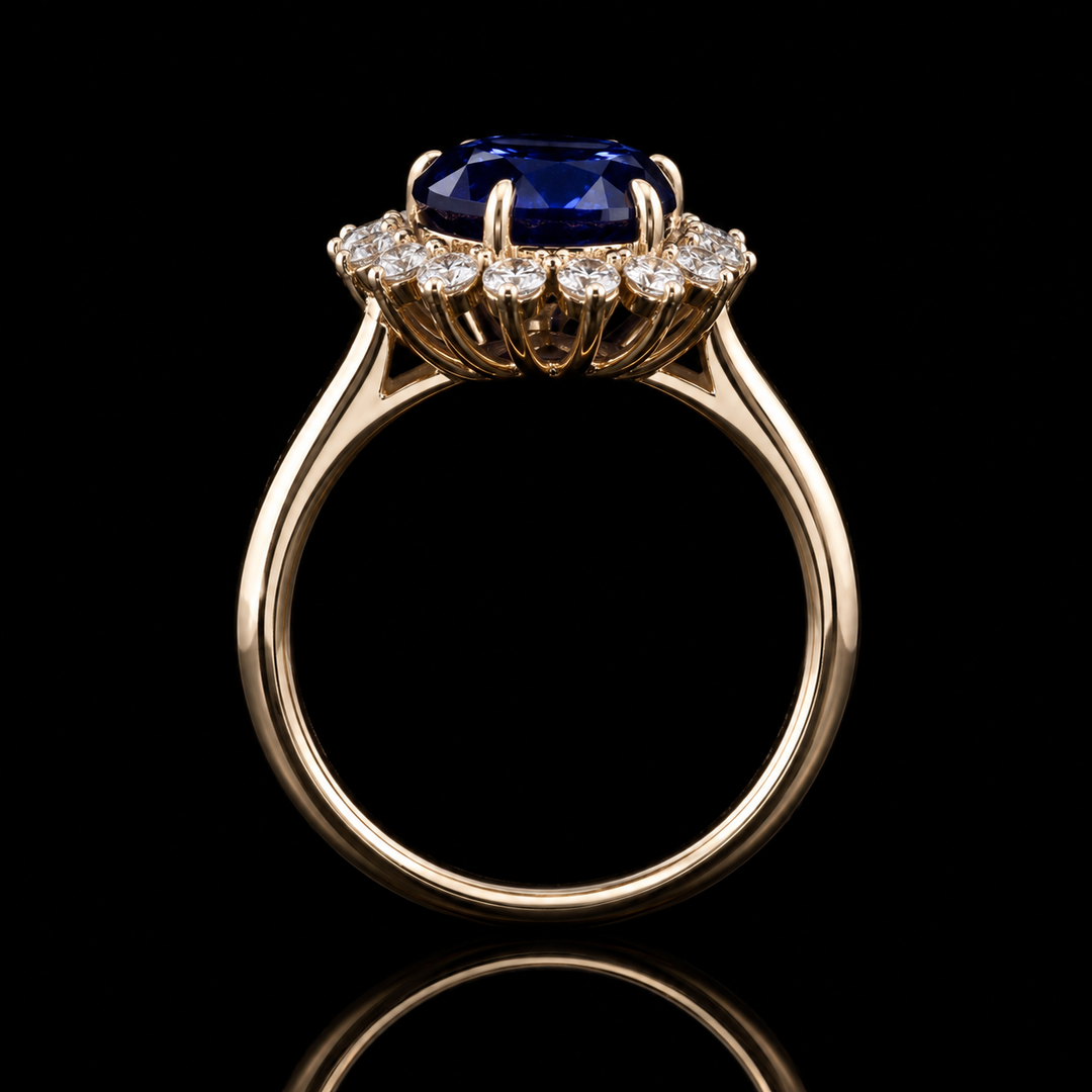 The Diana Royale — Royal Blue Sapphire Diamond Halo Ring