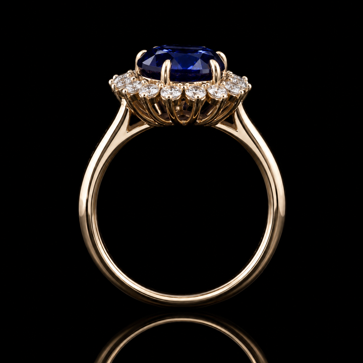 The Diana Royale — Royal Blue Sapphire Diamond Halo Ring