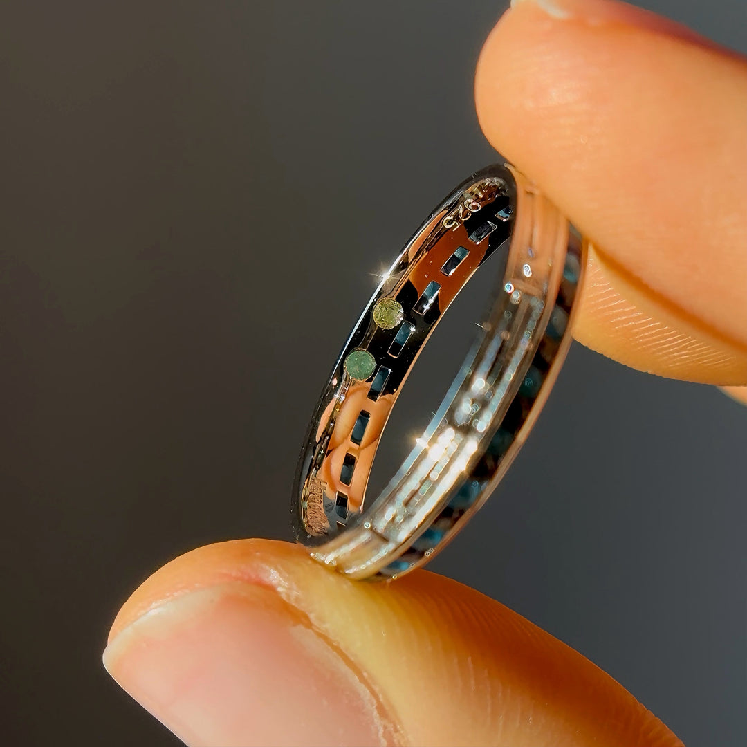 4mm "Stretch & Sword" Sapphire/Paraiba Band Ring in White Gold