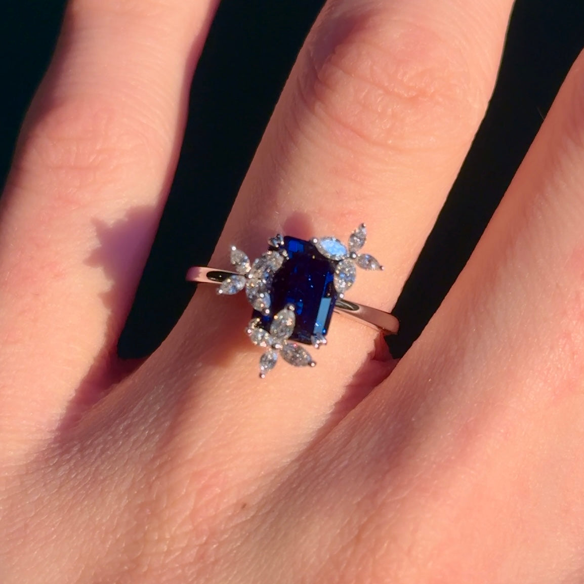 Customized™ 7*9mm Emerald Cut Tanzanite with Marquise Diamonds in 14K Solid White Gold