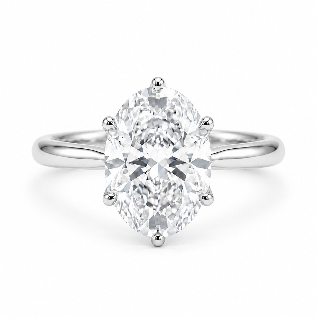 Oval lab diamond lotus prong engagement ring in 14K white gold