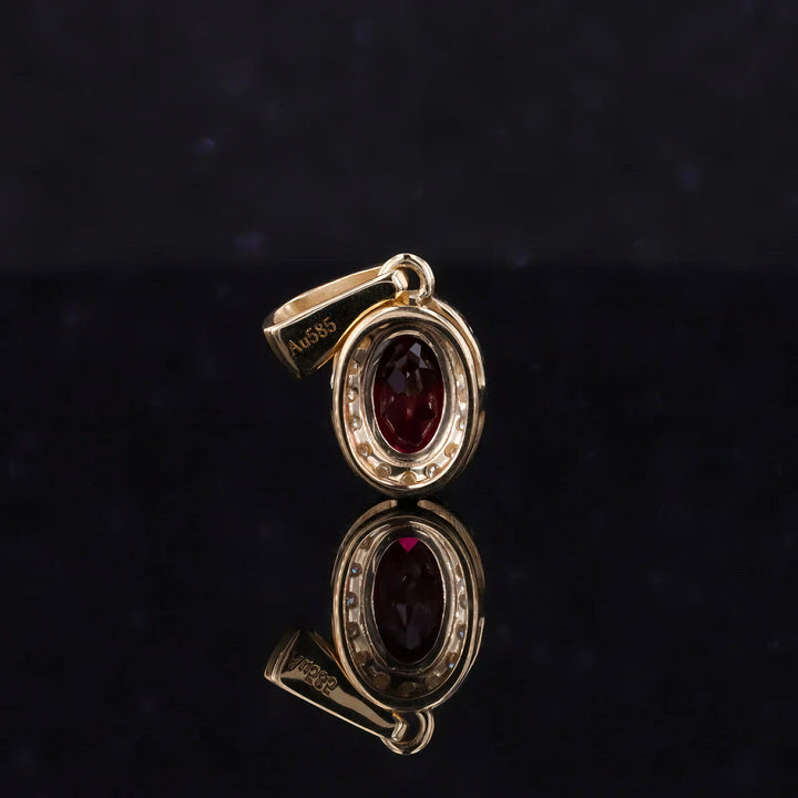 5x7mm, 1.25ct Oval Cut Ruby with Diamond Halo Pendant in 14K Solid Yellow Gold